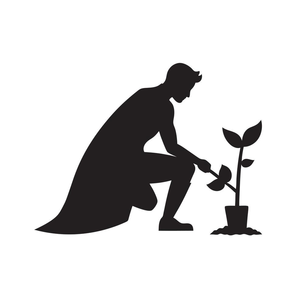 Tree planter hero silhouette eco friendly concept vector