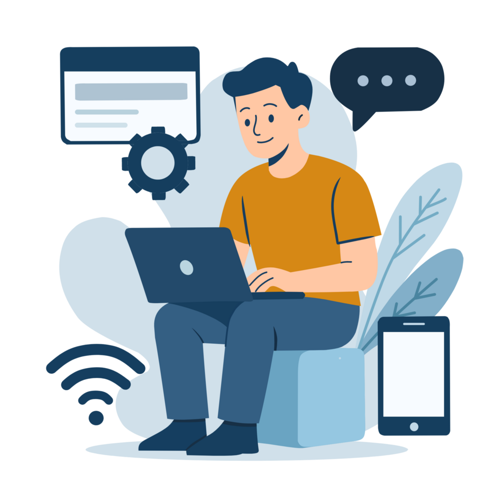 A man sitting on a stool with a laptop and a phone png