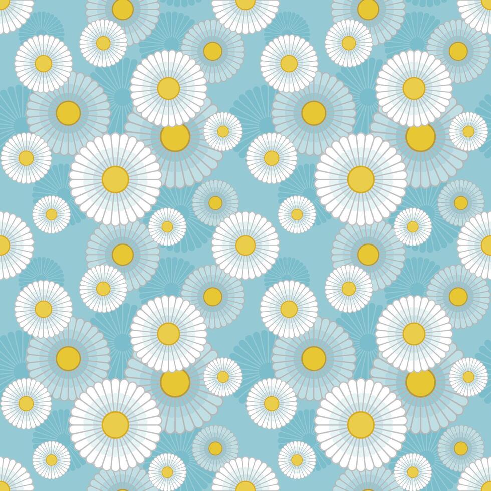 Seamless pattern with camomiles on blue background. Flower wallpaper. Overlapping floral design. vector