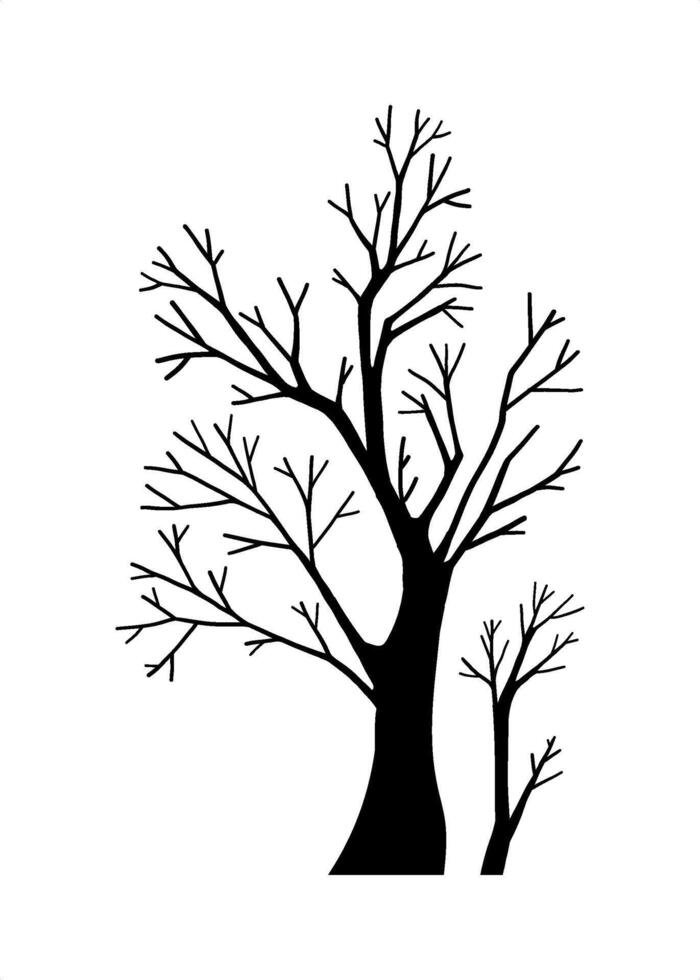 Big hand drawn bare tree silhouette, decorative leafless botany design element, fairy forest tree, outdoor autumn or winter isolated clip art for fabric, Halloween, wood graphic line art vector