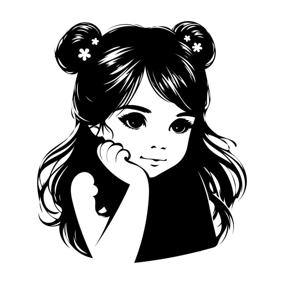 a black and white drawing of a girl with long hair vector