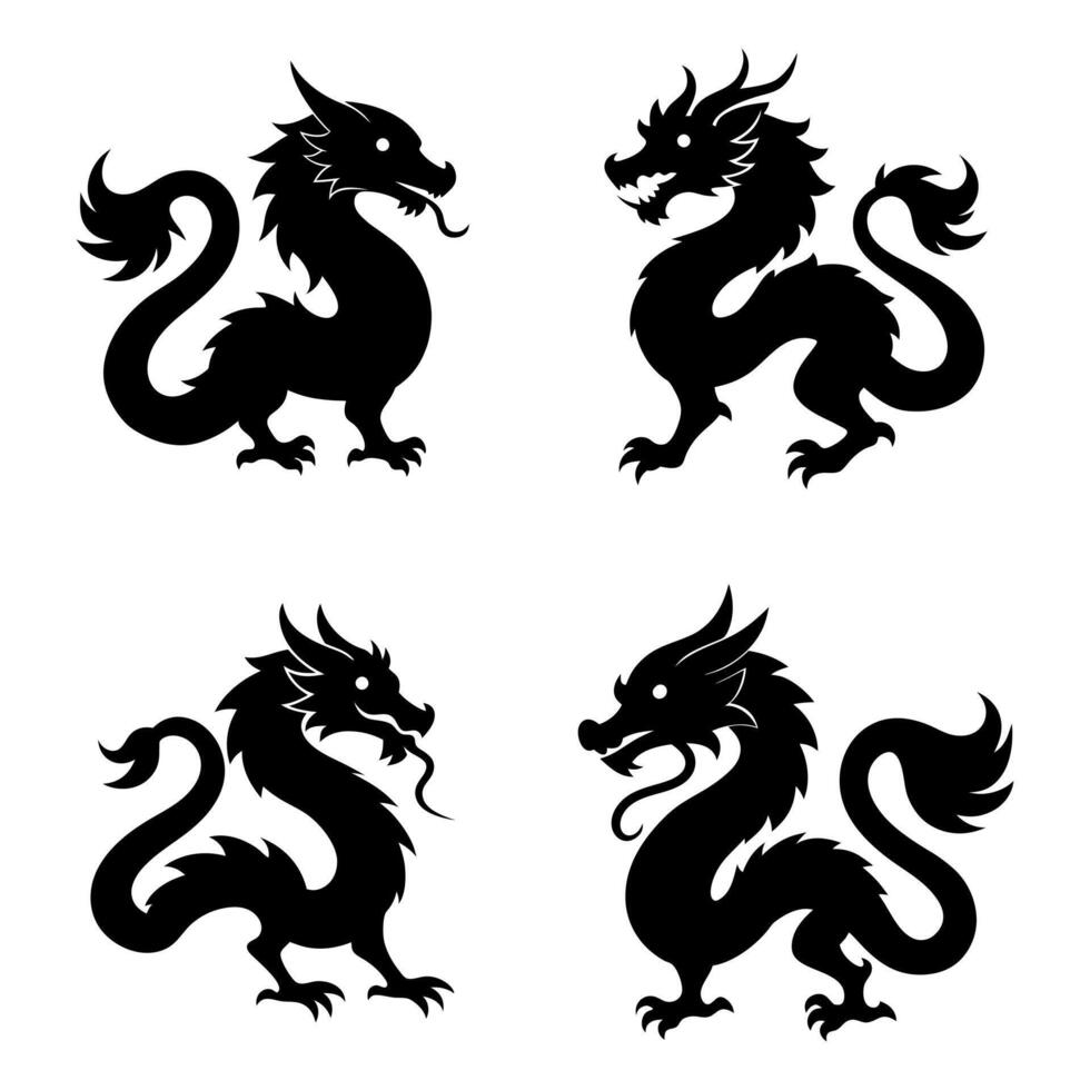 four black dragon silhouettes on a white background vector