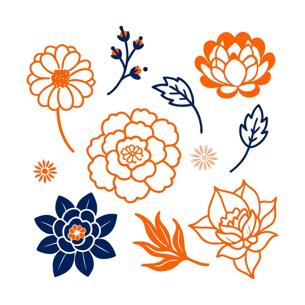 a set of flowers in orange and blue vector