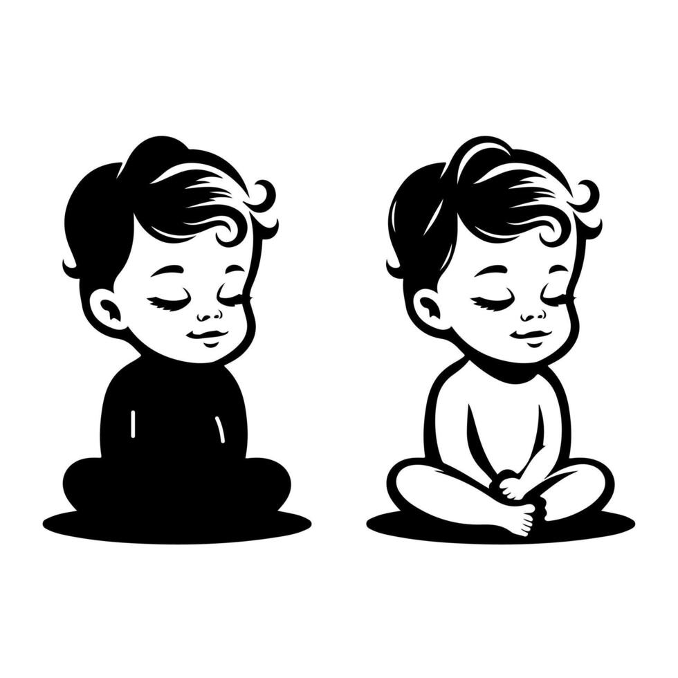 two black and white images of a baby sitting in a lotus position vector