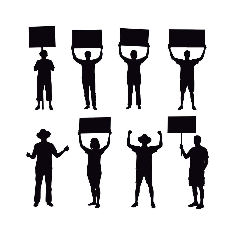 Big Set of Silhouettes of Activists Holding Up Signs. Set of Protestors Silhouettes Holding Blank Signs. vector