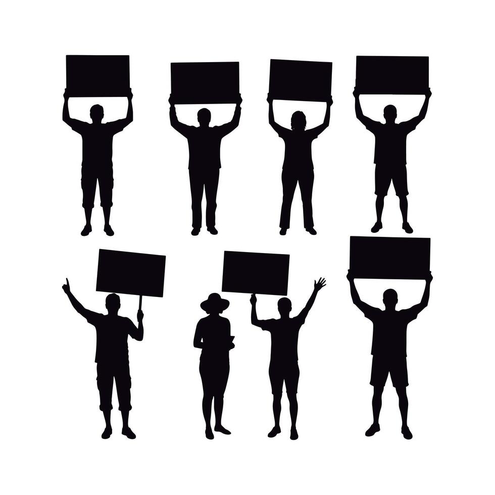 Beautiful Set of Silhouettes of Activists Holding Up Signs. Set of Protestors Silhouettes Holding Blank Signs. vector