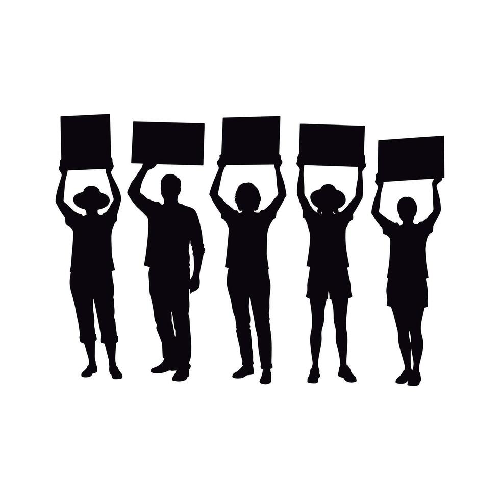 Amazing Set of Silhouettes of Activists Holding Up Signs. Set of Protestors Silhouettes Holding Blank Signs. vector