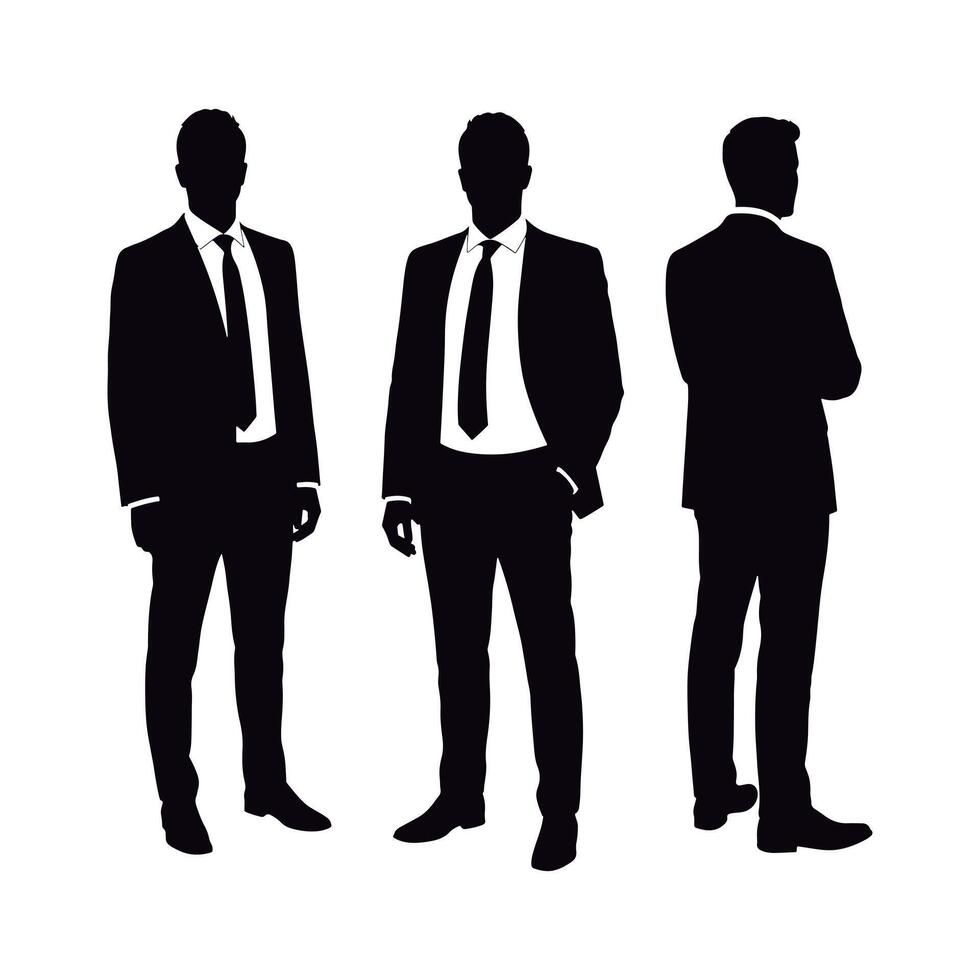 Amazing Professional Men Silhouettes in Suits and Ties Collection. Set of Three Businessman Silhouettes in Formal Suits. vector