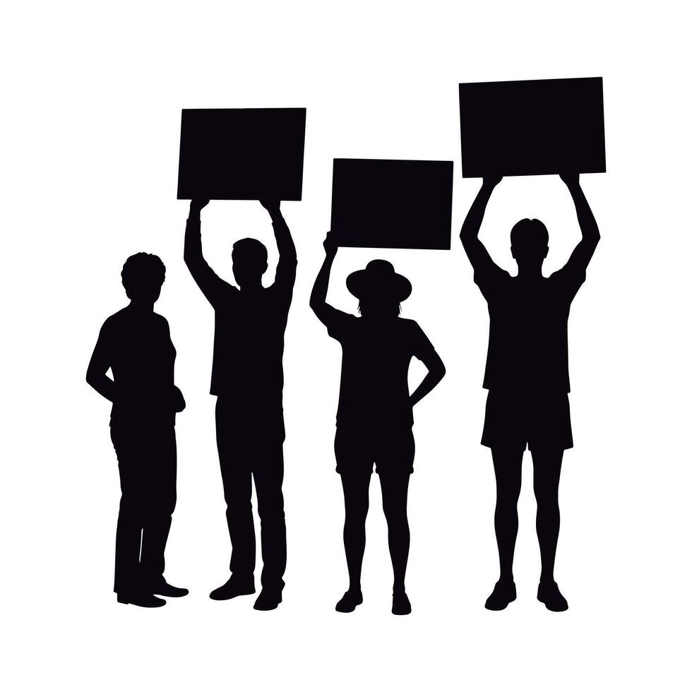 Great Set of Silhouettes of Activists Holding Up Signs. Set of Protestors Silhouettes Holding Blank Signs. vector
