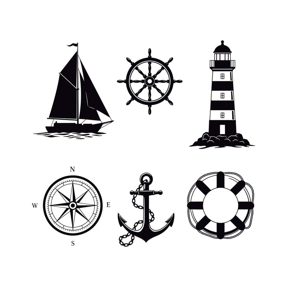 Awesome Marine Symbol Collection Black and White Nautical Elements. Sailboat, Ship Wheel, Lighthouse, Compass, Anchor, Life Saver. vector
