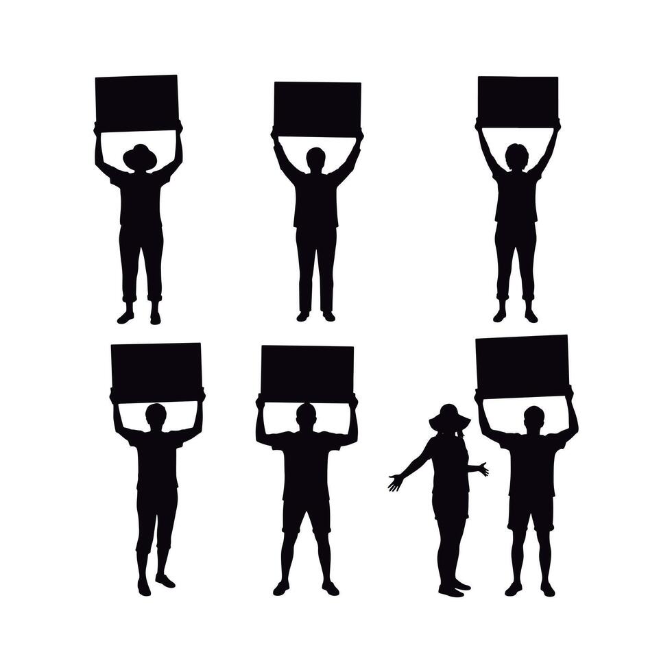Awesome Set of Silhouettes of Activists Holding Up Signs. Set of Protestors Silhouettes Holding Blank Signs. vector