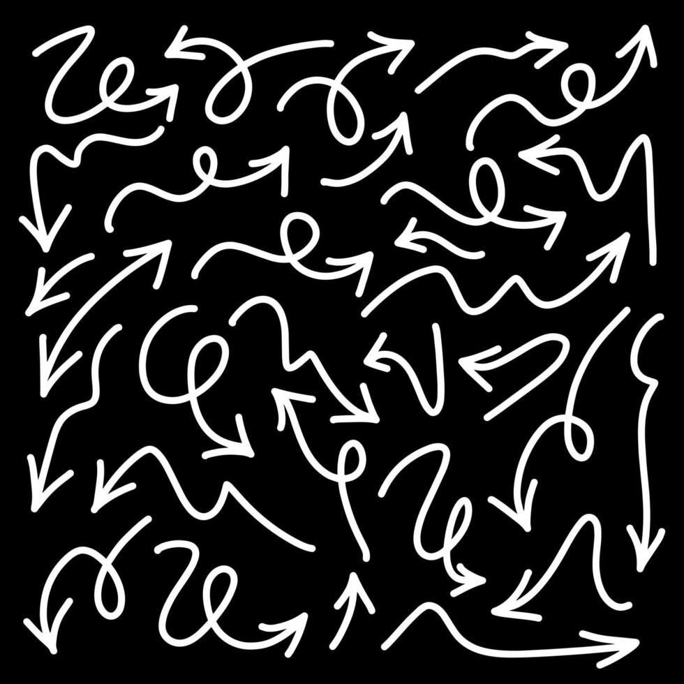 Set of hand drawn arrows doodle on black background. Doddle arrow set. vector