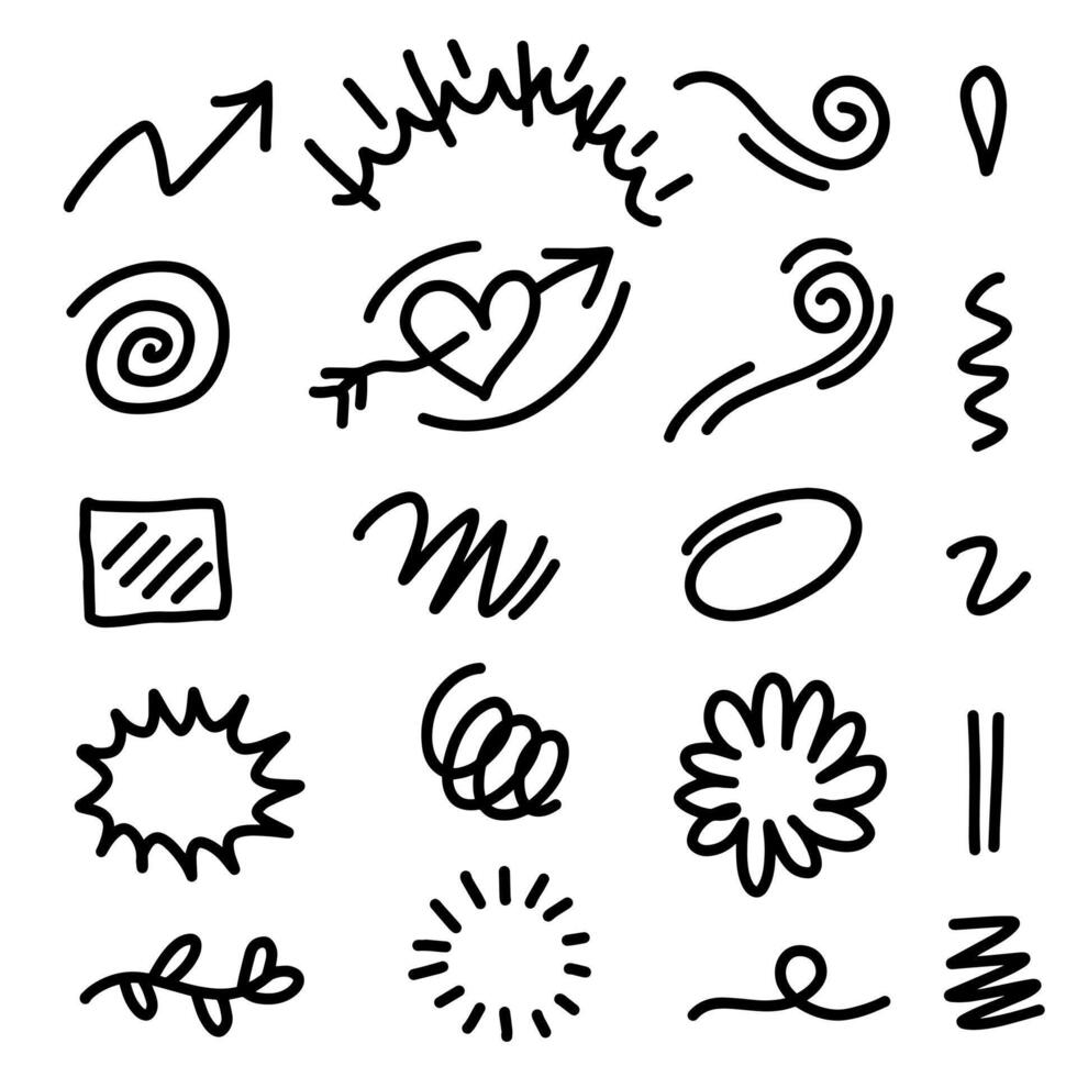 Hand drawn anime manga doodle grunge line elements curved charcoal, chalk arrows, speech bubble, abstract shapes, graphic effects for character emotion. vector