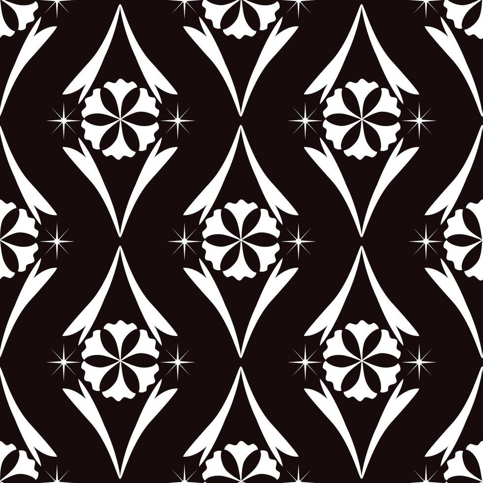 Symmetrical Floral Pattern Seamless On Black Background Flower And Star Geometric Seamless Pattern. vector