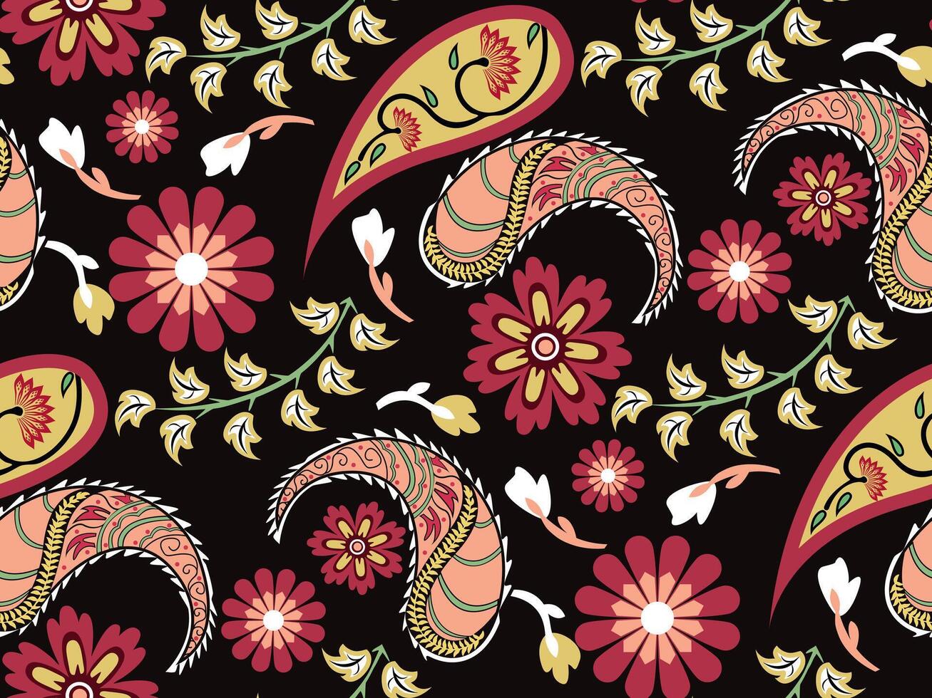Flowers And Paisley Seamless Pattern India Ethnic Ornament Floral Pattern Geometric Flower Pattern. vector