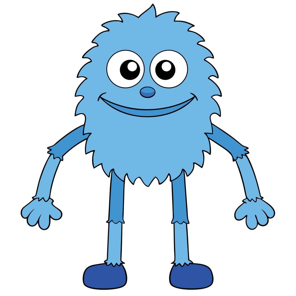 Cute fluffy blue monster cartoon character standing and smiling innocently vector