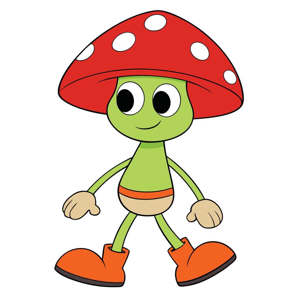 Cartoon mushroom character walking red cap and orange boots illustration vector
