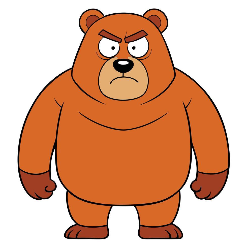 Cartoon brown bear illustration with angry expression standing isolated on white background vector