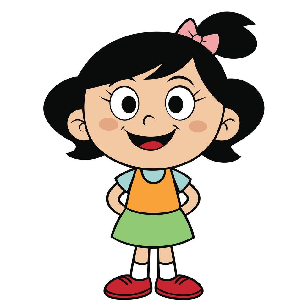 Cheerful cartoon girl smiling with hands on hips expressing happiness and joy vector