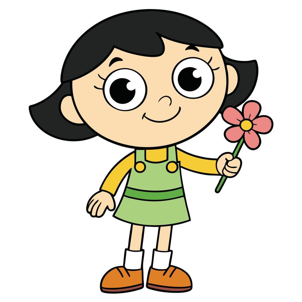 Cartoon girl holding a pink flower with a cheerful smile illustration vector