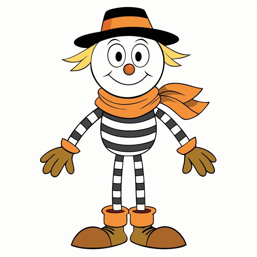 Cartoon scarecrow character with striped shirt scarf and hat illustration vector