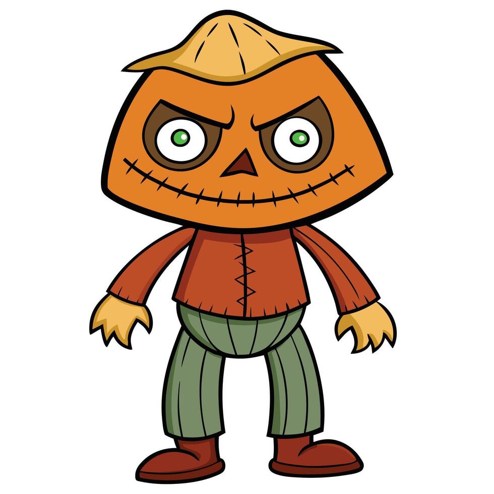 Cartoon halloween scarecrow character with straw hat and festive design vector