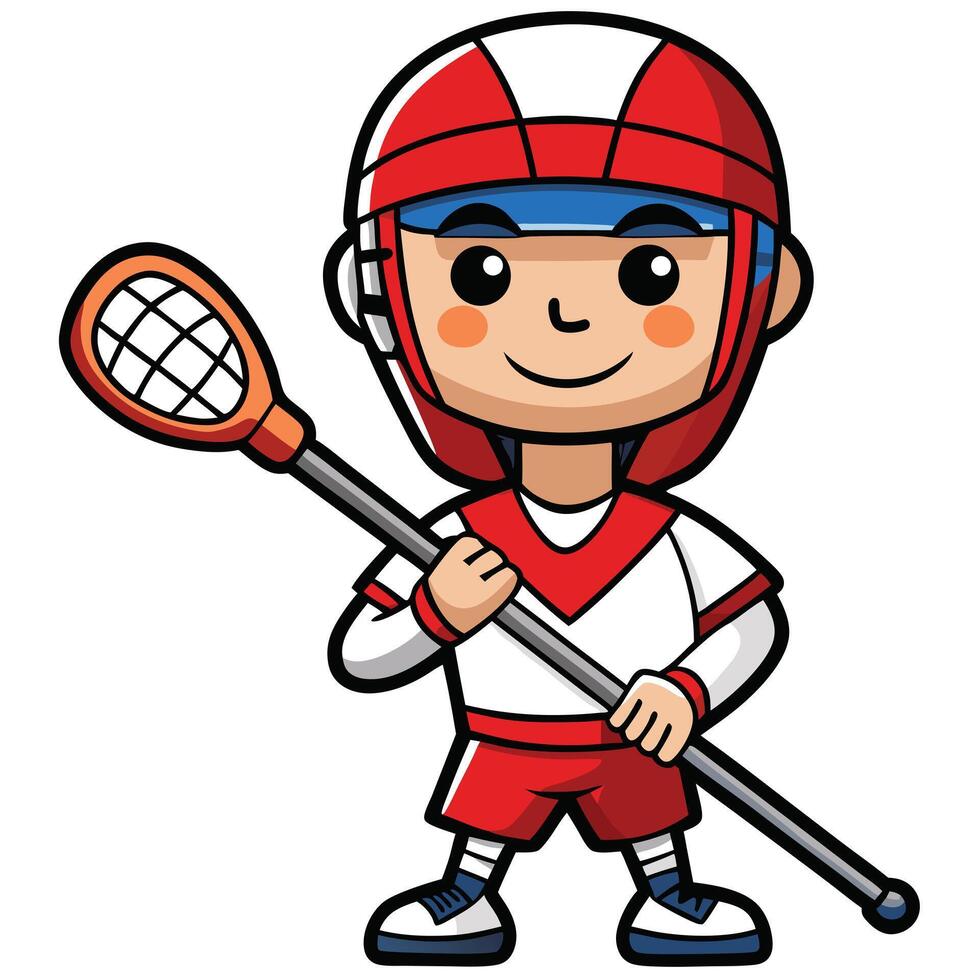 Cartoon lacrosse player with helmet and stick ready to play sport vector