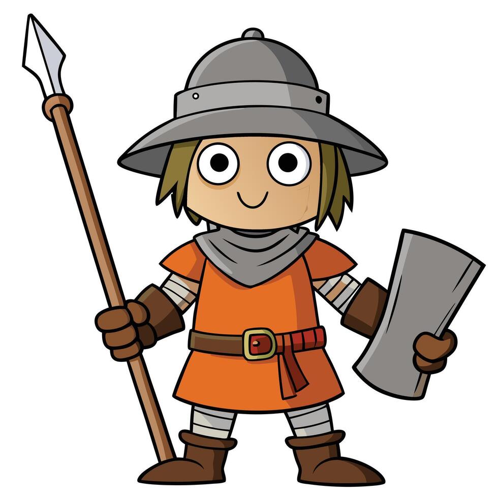 Cartoon knight character with spear and shield ready for adventure illustration vector