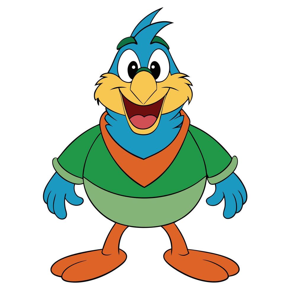 Cheerful blue cartoon bird character with green shirt and orange feet vector