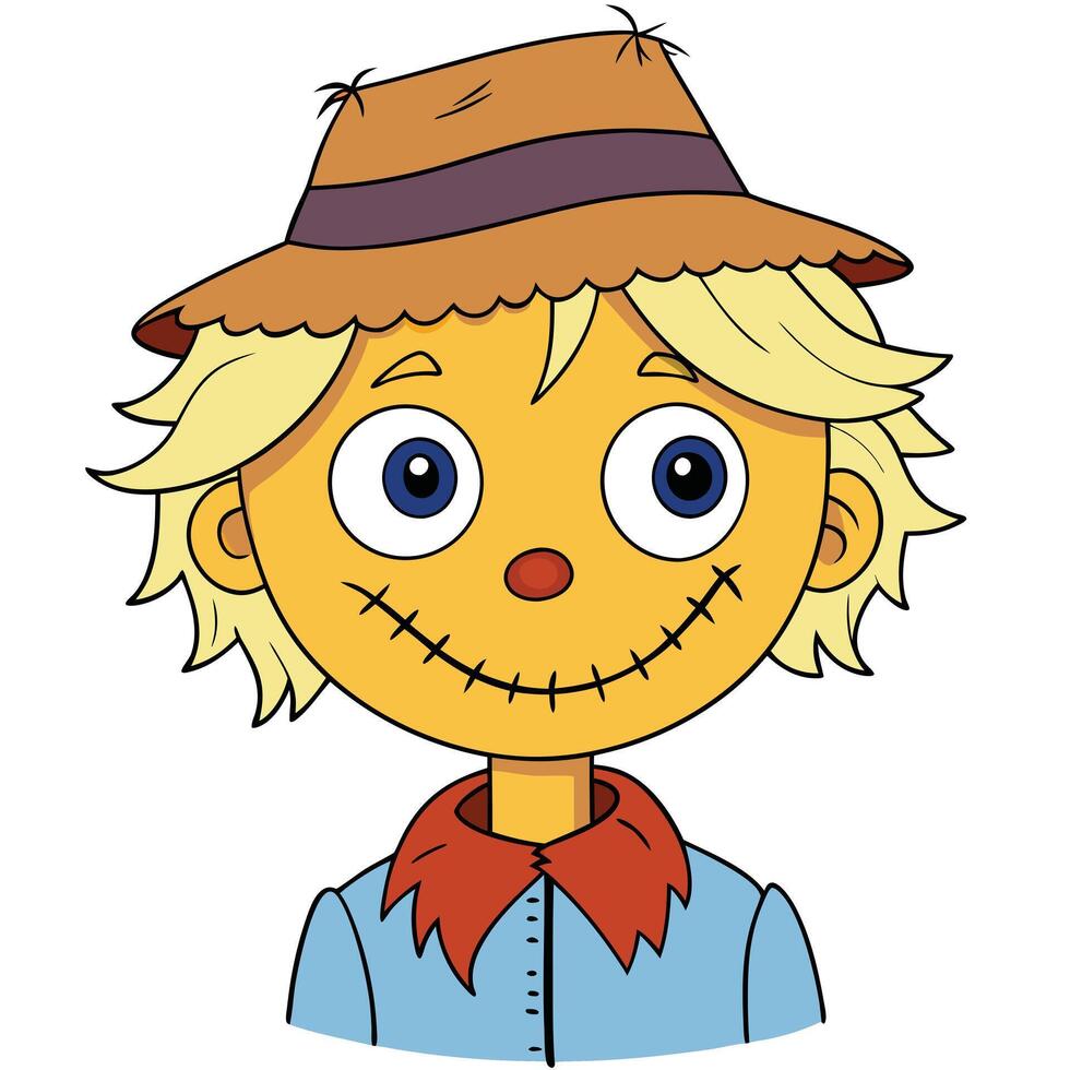 Cartoon scarecrow character illustration with hat and stitched smile isolated on white vector