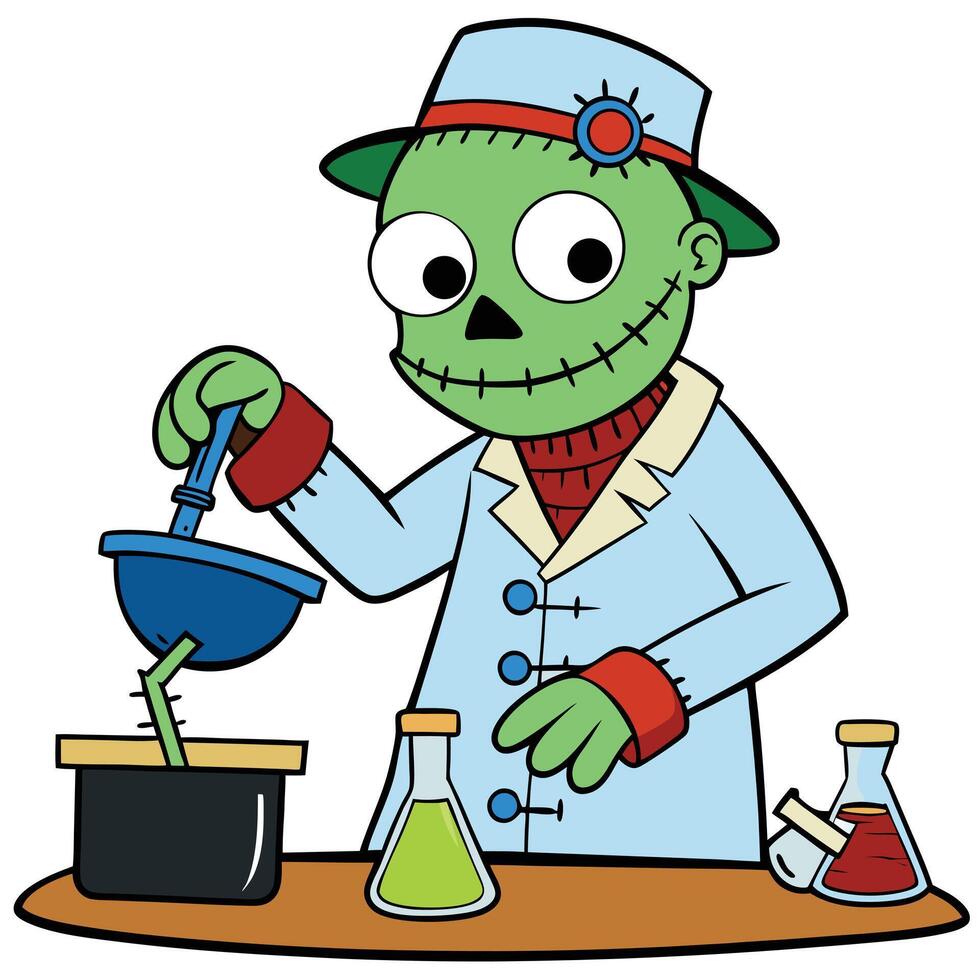Cartoon zombie scientist performing chemistry experiment with green liquid and beakers vector