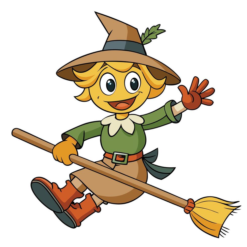 Cheerful cartoon witch girl flying on broomstick illustration isolated vector