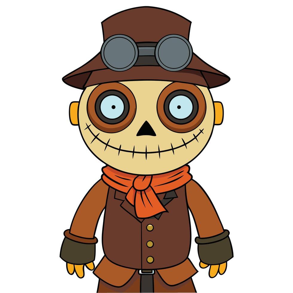 Cute steampunk scarecrow cartoon character illustration isolated on white background vector
