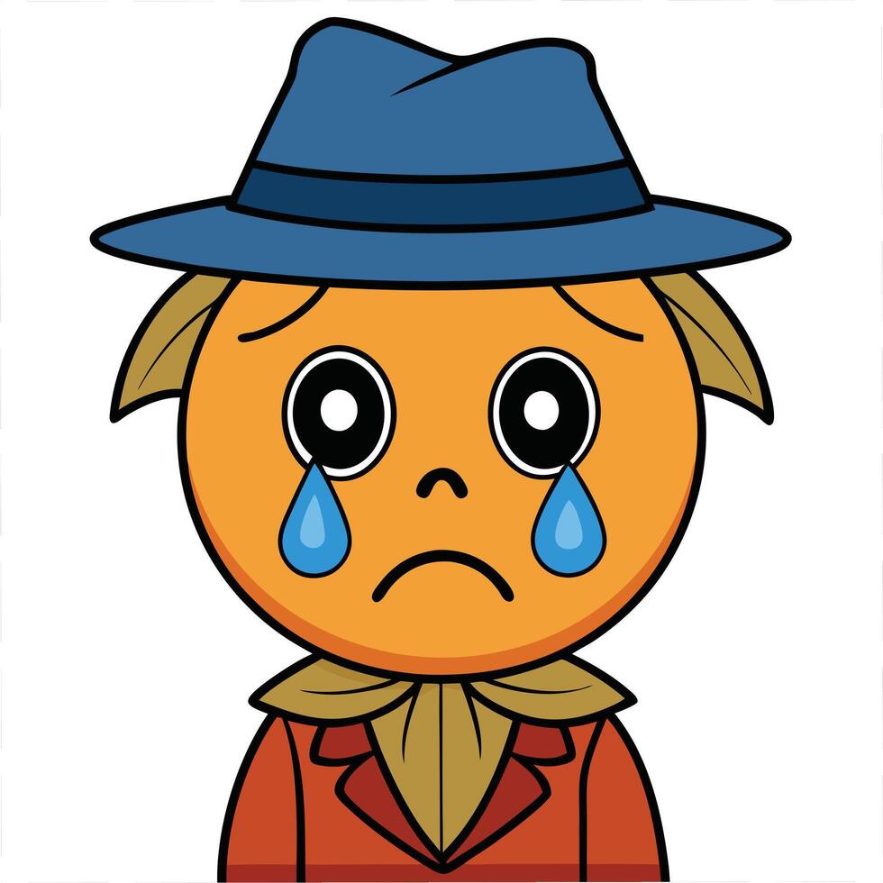 Cartoon crying scarecrow character illustration with blue hat and autumn outfit vector