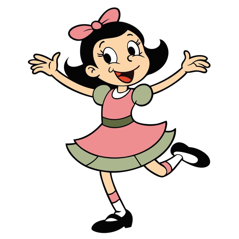 Cartoon girl character dancing happily with open arms in pink and green dress vector