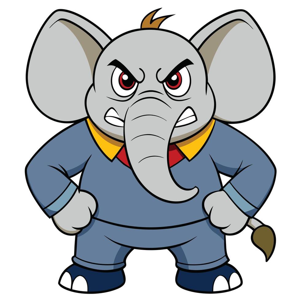 Cartoon style angry elephant character wearing clothes posing with hands on hips vector