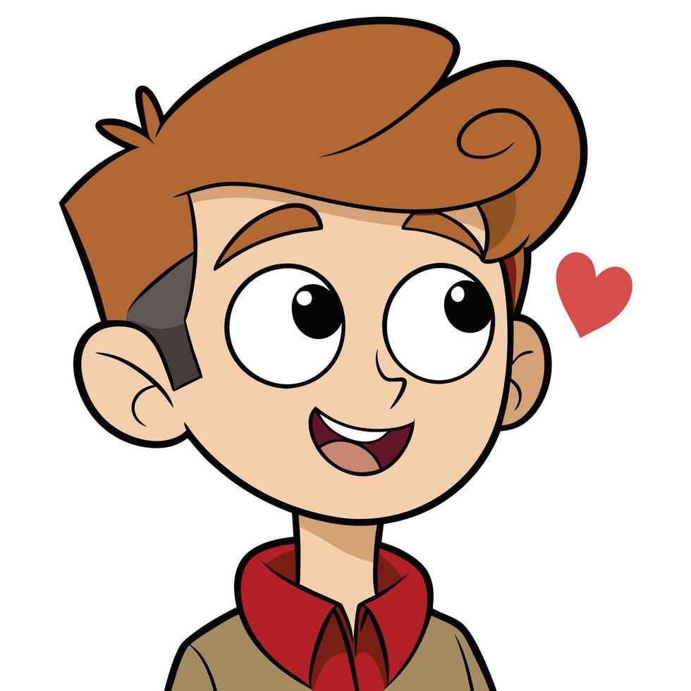 Cartoon boy with heart smiling and looking up adorable loving character illustration vector