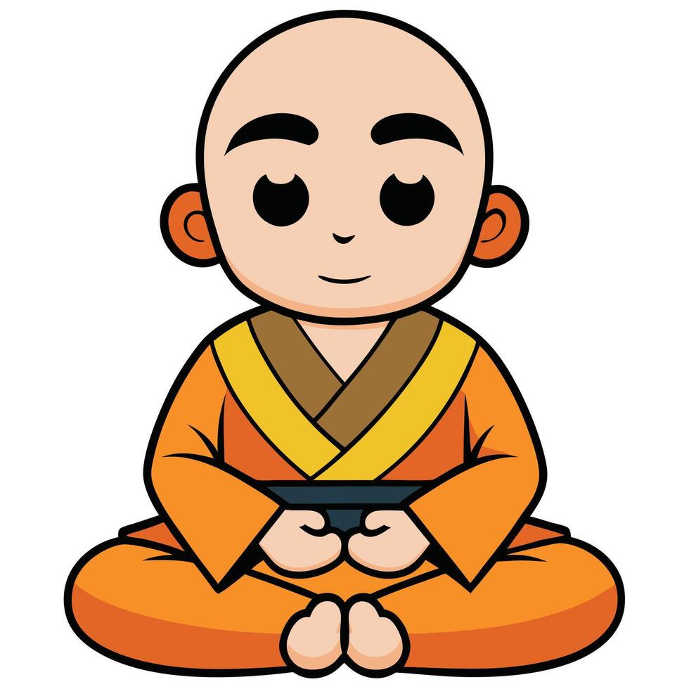 Cartoon monk sitting in meditation cute buddhist character illustration vector