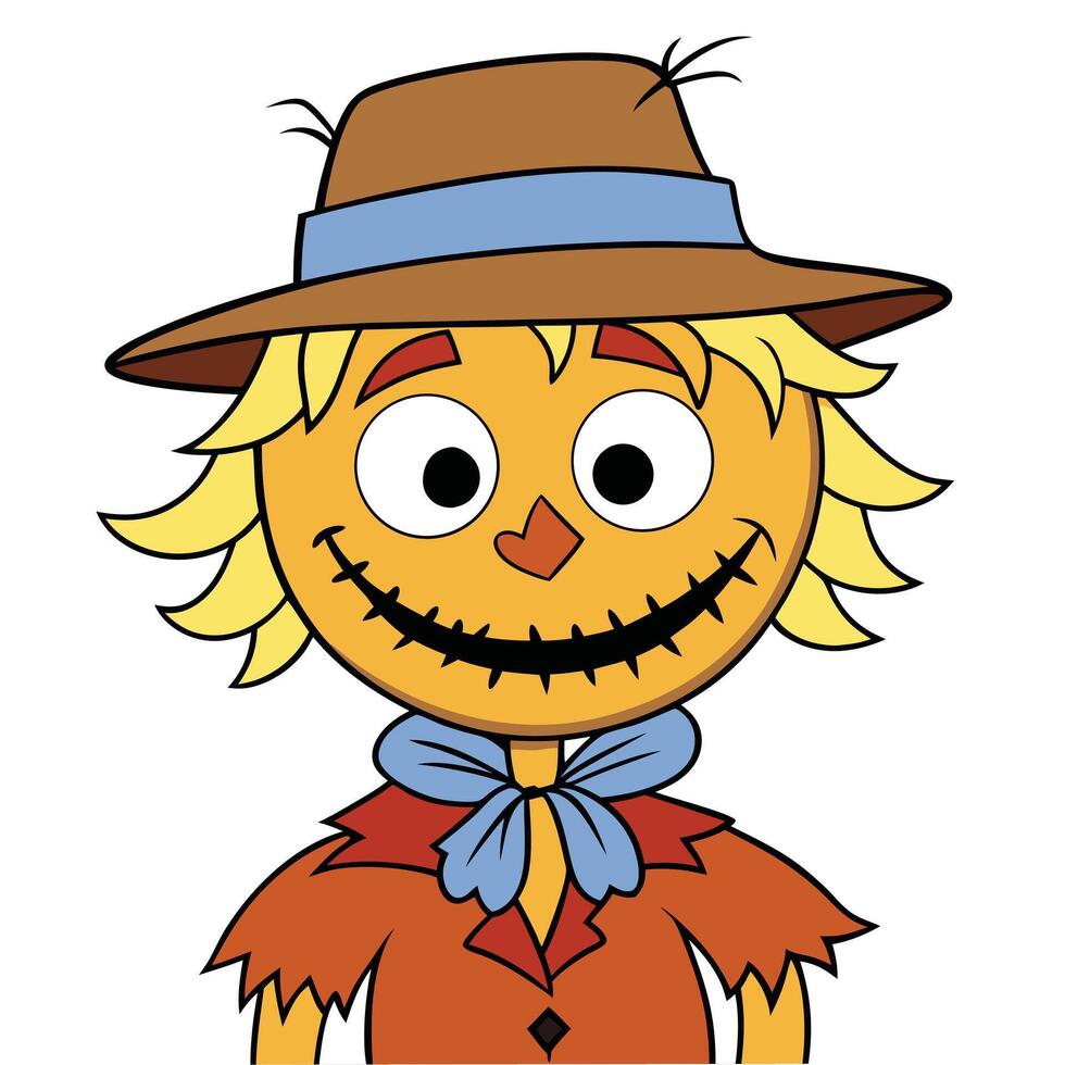 Cartoon illustration of a smiling scarecrow character with brown hat and blue bow vector