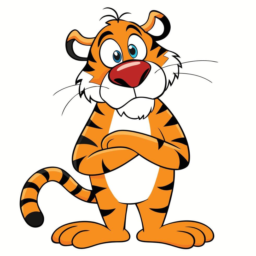 Cartoon tiger standing proudly with arms crossed in confidence illustration vector