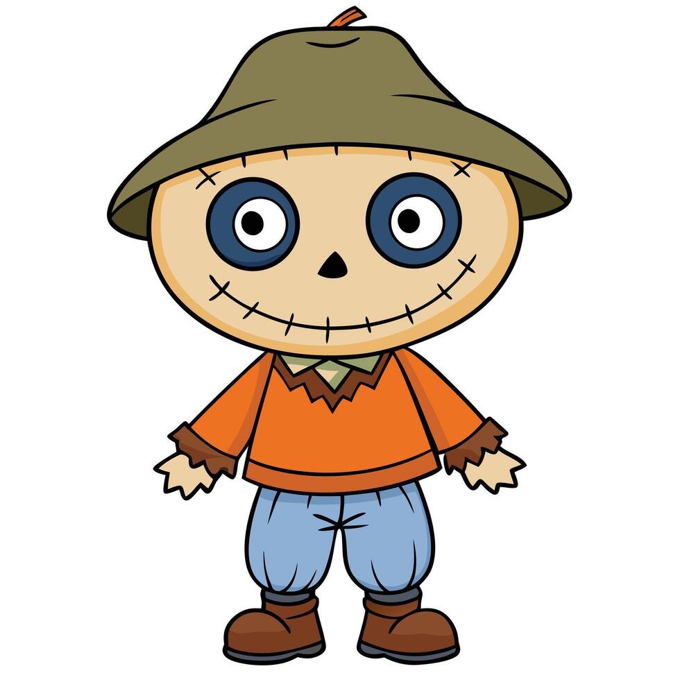 Cute cartoon scarecrow with hat and stitched smile isolated on white background vector