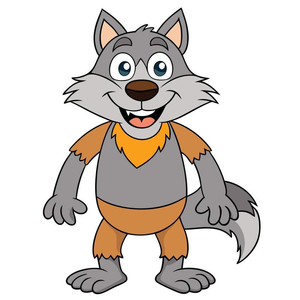 Cartoon wolf character standing smiling animal illustration design for kids vector