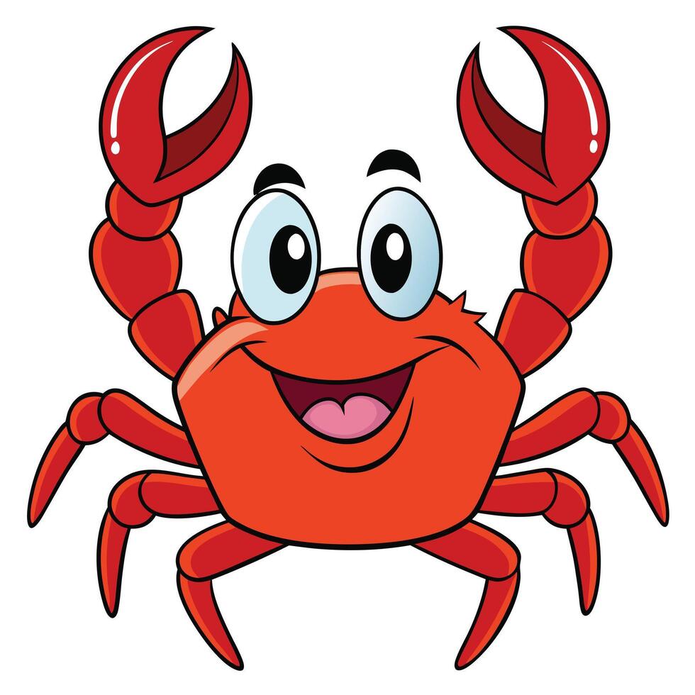 Cheerful red cartoon crab with claws up smiling and waving vector