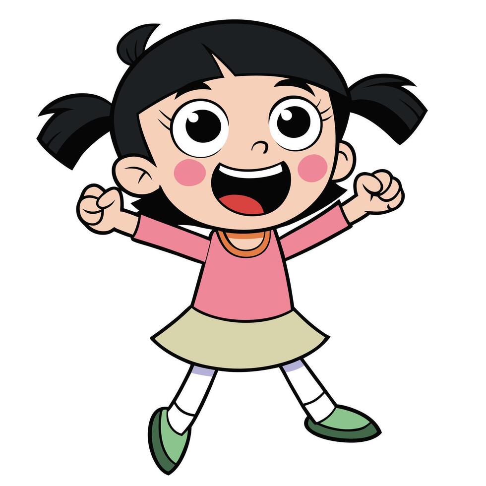 Cheerful cartoon girl with pigtails jumping expressing joy and excitement illustration vector