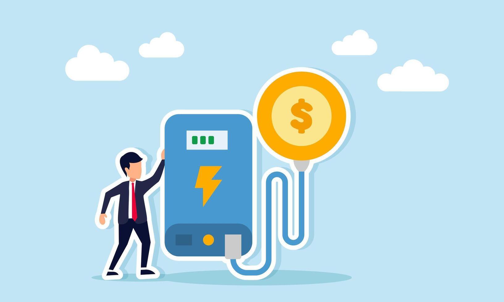 Businessman standing next to a power bank charging dollar coins, illustration of saving or business financial investment for future growth vector