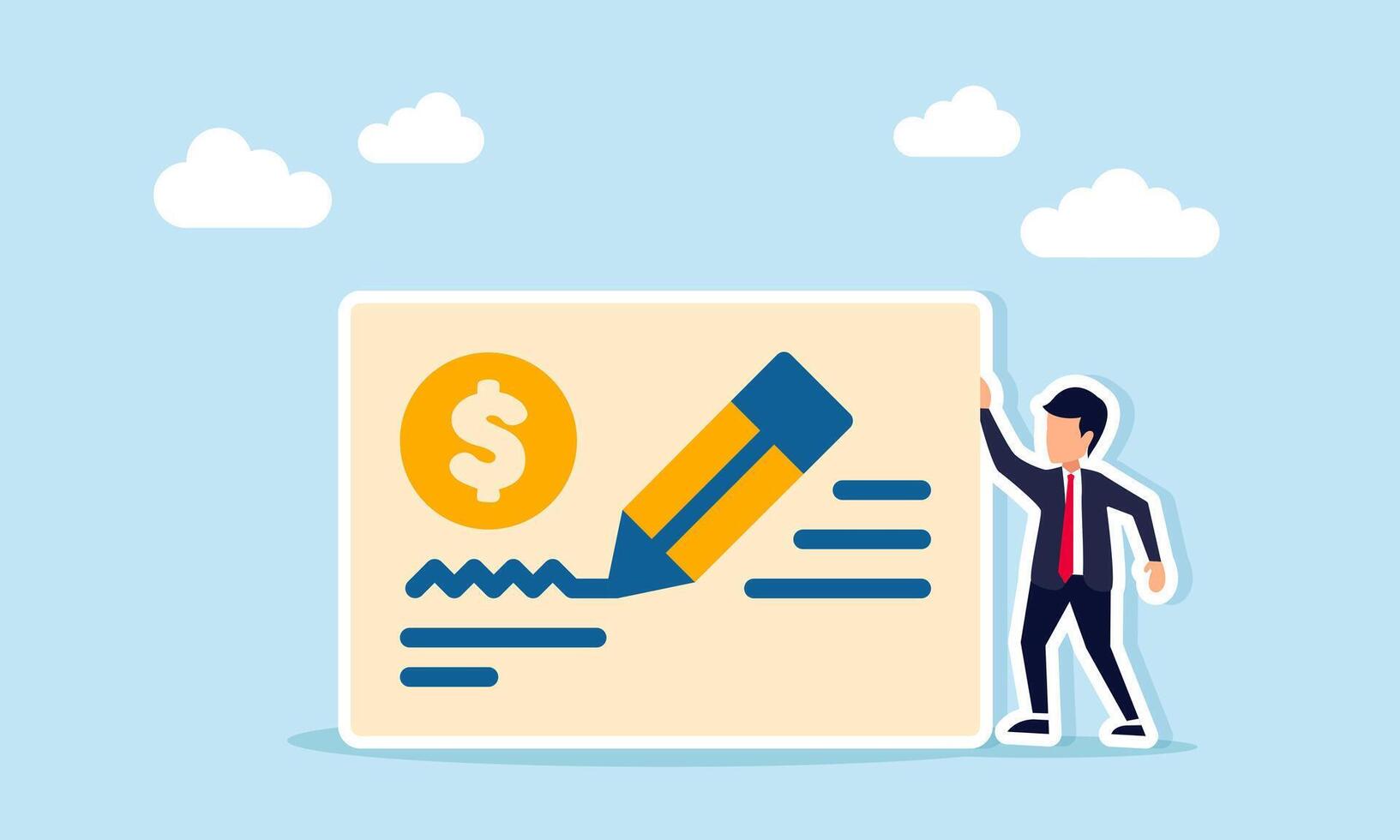 Businessman standing next to paper with dollar sign and a note with a pencil, illustration of recording business financial expenses vector
