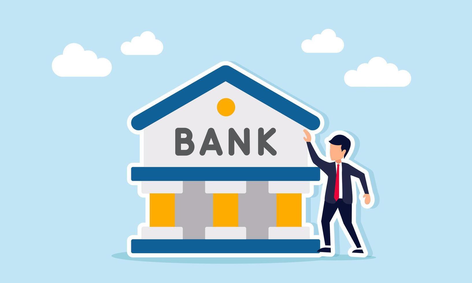 Businessman standing next to a building with the word BANK, illustration of financial stability, emergency funds, and business investment vector