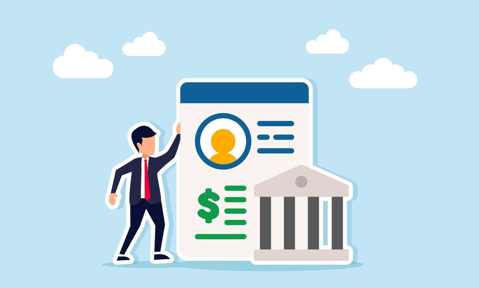 Businessman standing next to an application interface displaying a profile and dollar sign with a building, illustration of digital stock investment profile vector