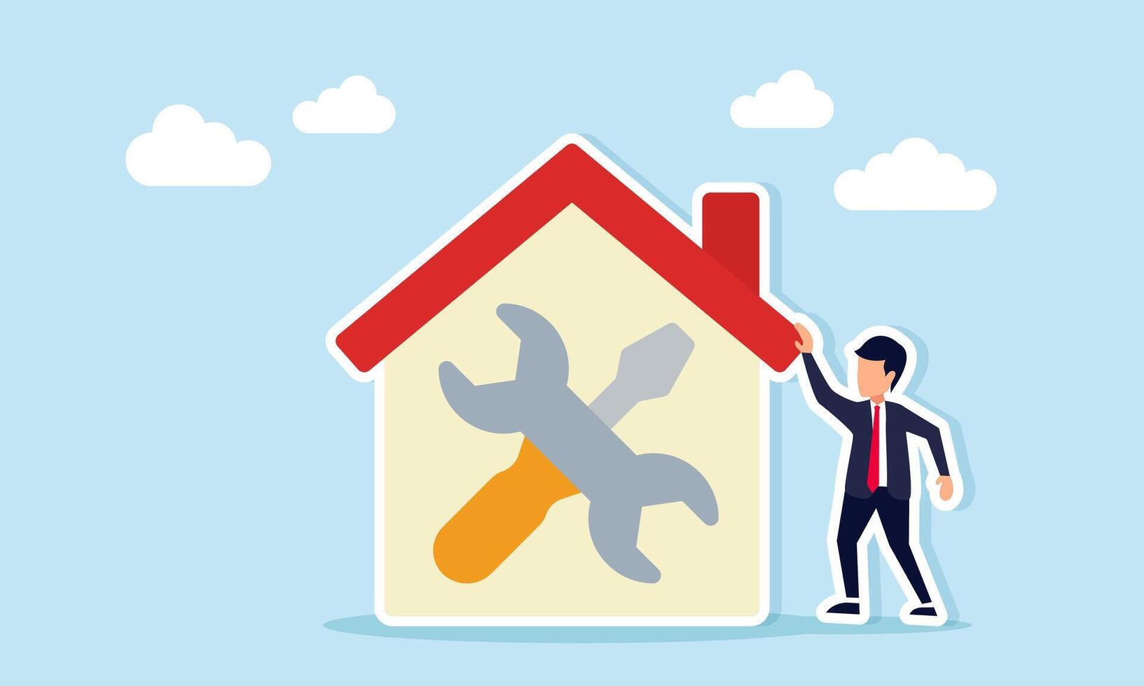 Businessman standing next to a house marked with a screwdriver and wrench, illustration of a business undergoing evaluation and maintenance vector