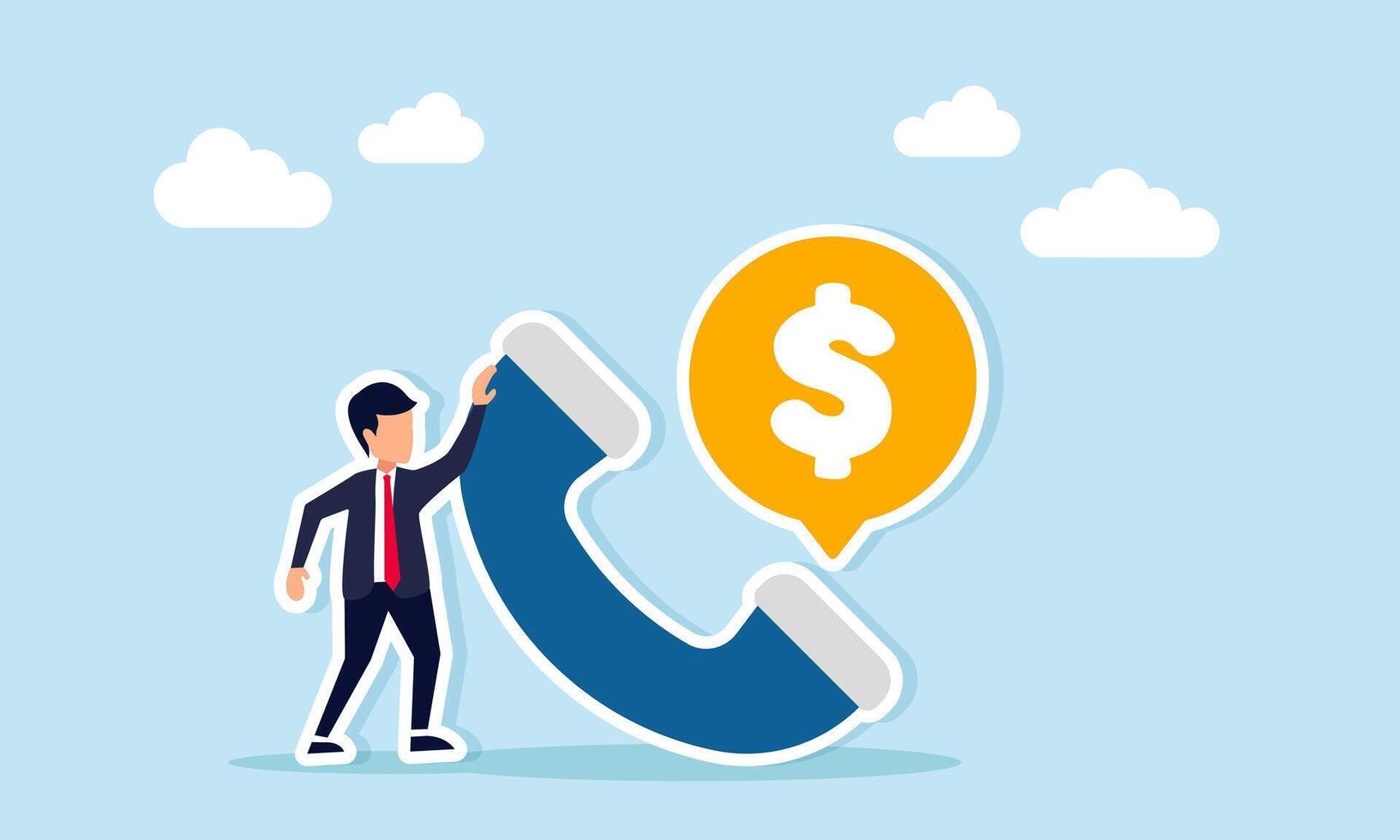 Businessman standing next to a telephone with a chat bubble labeled dollar, illustration of sharing and discussing financial matters and opportunities vector